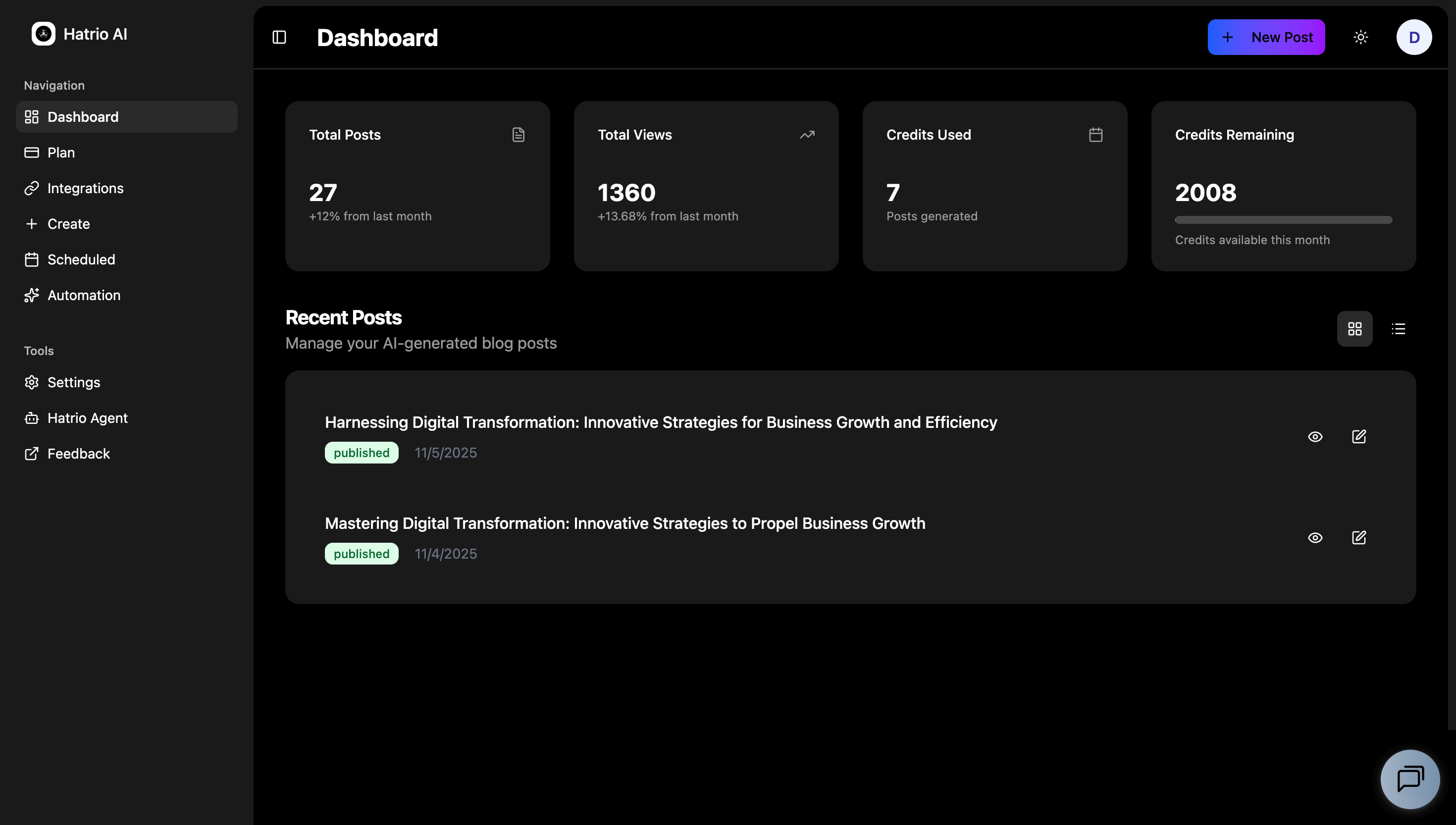 Hatrio AI's dashboard screen that shows context for a customer. Such as: Total Posts
27
+12% from last month

Total Views
1360
+13.68% from last month

Credits Used
7
Posts generated

Credits Remaining
2008
Credits available this month

Recent Posts
Manage your AI-generated blog posts